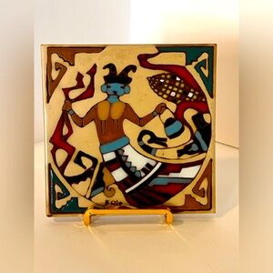 Kachina Art Tile Hand Painted Native American Style Hopi Theme. Signed Krit